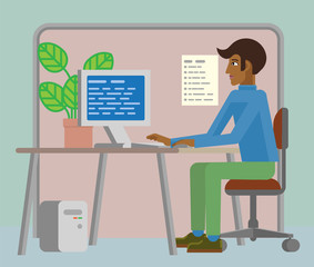 A young man working in his business office interior with computer desk and chair. Flat modern style cartoon 