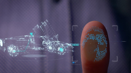 Man accessing hologram with fingerprint. Man accessing modern hologram personal database with fingerprint identification opening. Concept of: Science, Automobile, Hologram, Viruses, DNA, Touchscreen.	