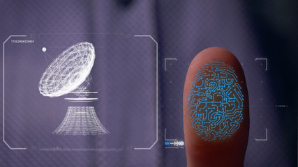 Man accessing hologram with fingerprint. Man accessing modern hologram personal database with fingerprint identification opening. Concept of: Science, Automobile, Hologram, Viruses, DNA, Touchscreen.	