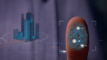 Man accessing hologram with fingerprint. Man accessing modern hologram personal database with fingerprint identification opening. Concept of: Science, Automobile, Hologram, Viruses, DNA, Touchscreen.	