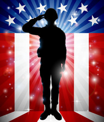 A patriotic soldier standing saluting in front of an American flag background