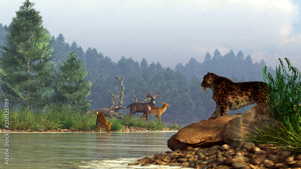 Poster a saber-toothed cat gazes across a river at a family of deer. the pleistocene hunter is foiled by th