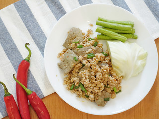 Thai spicy pork minced salad or called Larb Moo in Thai language