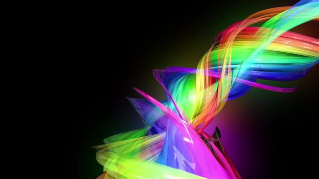 4k colorful looped animation of a rainbow colors tape with neon light moving in a circle as abstract background with lines and ribbons. Luma matte is included as alpha channel for compositing. 17