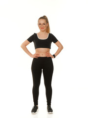 girl doing fitness on a white background.