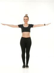 girl doing fitness on a white background.