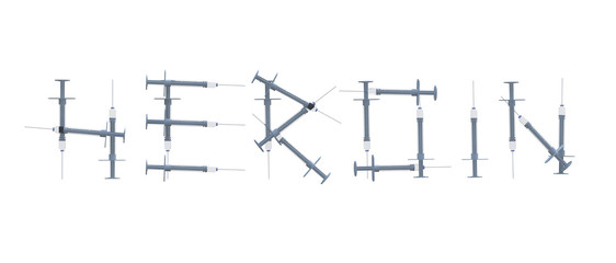 word heroin written with syringes