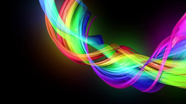 4k colorful looped animation of a rainbow colors tape with neon light moving in a circle as abstract background with lines and ribbons. Luma matte is included as alpha channel for compositing. 19