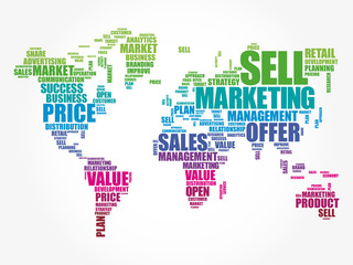 Fototapeta na wymiar Marketing word cloud in shape of World Map, business concept background