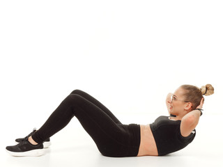 girl doing fitness on a white background.