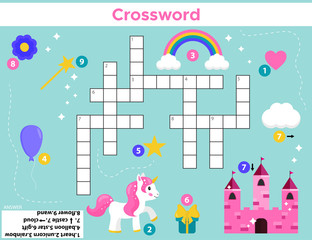 Crossword for preschool kids. Cartoon unicorn, magic wand, castle, flower, rainbow, stars and balloon. Educational game. Learning english.