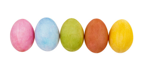 Flat lay of colorful Easter eggs isolated on white background