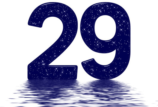 Numeral 29, twenty nine, star sky texture imitation, reflected on the water surface, isolated on white, 3d render
