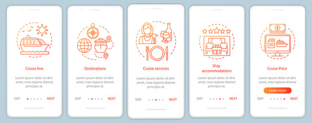 Naklejka premium Cruise information onboarding mobile app page screen with linear concepts