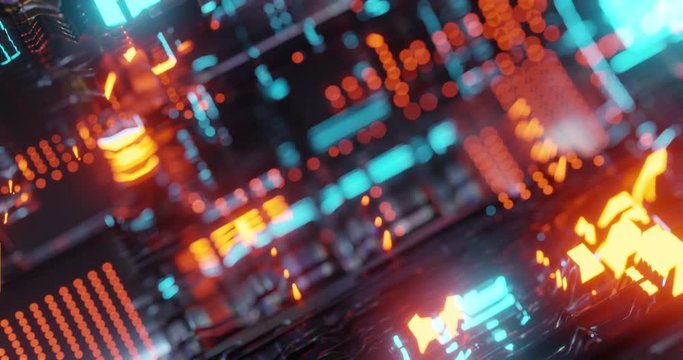 Motion graphic 4K seamless loop of abstract technology background, led and flickering particles. Animation of electric circuit signal with light glow and Bokeh. Futuristic concept. 3D render
