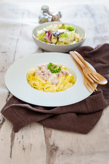 tasty Carbonara pasta on the table