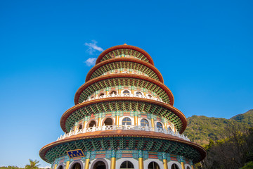 Taipei, Taiwan - January 27, 2019 - Tianyuan Temple with blue sky, The most famous place for tourist  in Taiwan