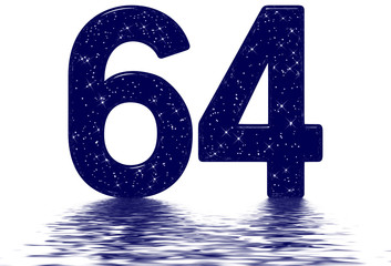Numeral 64, sixty four, star sky texture imitation, reflected on the water surface, isolated on white, 3d render
