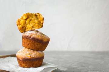 homemade orange pumpkin cupcakes with powdered sugar on a grey background. copy space. the view from the top.minimalist composition