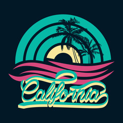Fototapeta premium Surf t-shirt design. California sport wear emblem. Surfing paradise. Creative design. Vector illustration.