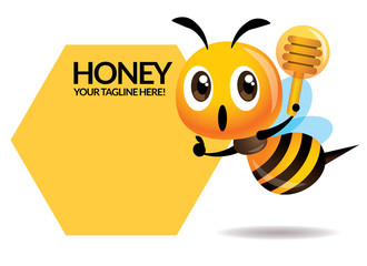 Cartoon cute bee one hand pointing to signboard, one hand holding a honey dipper.