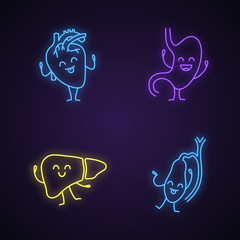 Smiling human internal organs characters neon light icons set