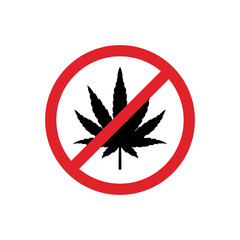 Hemp leaf in red circle. Prohibiting sign. Marijuana image. Cannabis plant. Vector Illustration