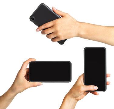 Set of women's hands showing black smartphone, concept of taking photo or selfie