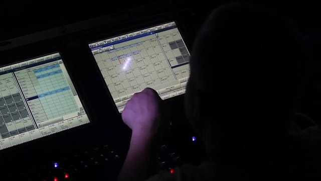 remote recordists closeup. Hand adjusts sound effects. Electric machine on table for working of sound designer or club dj at party in nightclub. Occupation for modern lifestyle, objects for listen at 