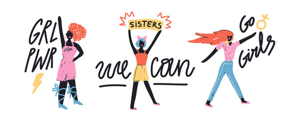 Vector handdrawn illustration of female friends, sisterhood, union of feminists. Concept for prints, t-shirts, cards. Signs 