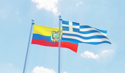 Greece and Ecuador, two flags waving against blue sky. 3d image