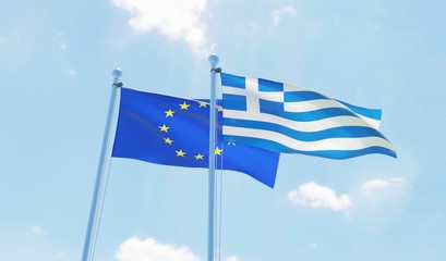 Greece and EU, two flags waving against blue sky. 3d image