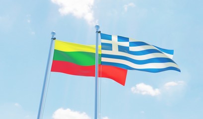 Greece and Lithuania, two flags waving against blue sky. 3d image