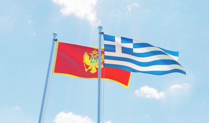 Greece and Montenegro, two flags waving against blue sky. 3d image