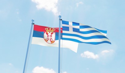 Greece and Serbia, two flags waving against blue sky. 3d image