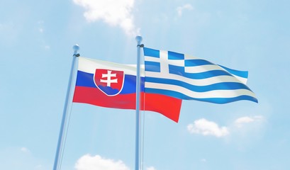 Greece and Slovakia, two flags waving against blue sky. 3d image