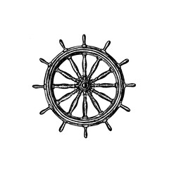 Ship steering wheel ink pen sketch on isolated background with engraved elements. Hand drawn illustration. © Everilda