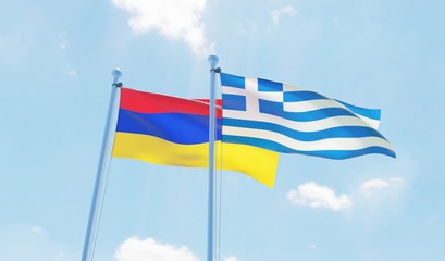 Greece and Armenia, two flags waving against blue sky. 3d image