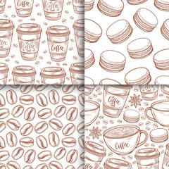 Coffee cups, beans, mugs, macaroons seamless pattern set. Vector background hand drawn in lines collection. Decorative sketch doodle illustration