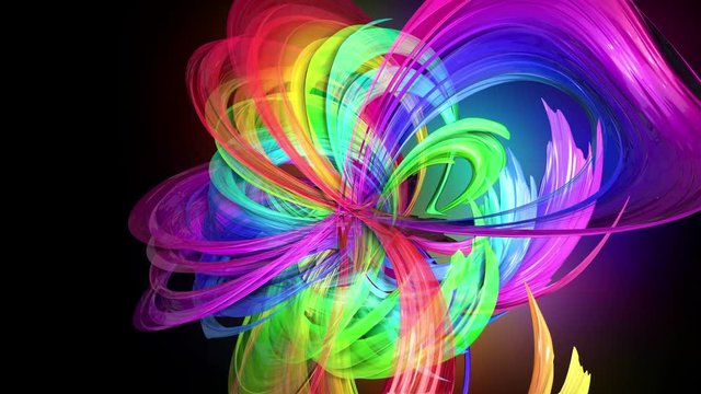 4k colorful looped animation of a rainbow colors tape with neon light moving in a circle as abstract background with lines and ribbons. Luma matte is included as alpha channel for compositing. 29
