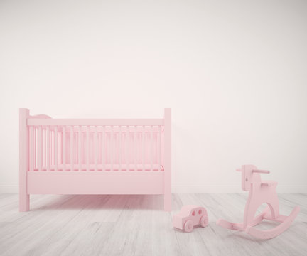 Baby bedroom with pink crib, pink toy car and pink rocking horse on white parquet floor. 3d architecture visualization. Rendering made using free software Blender