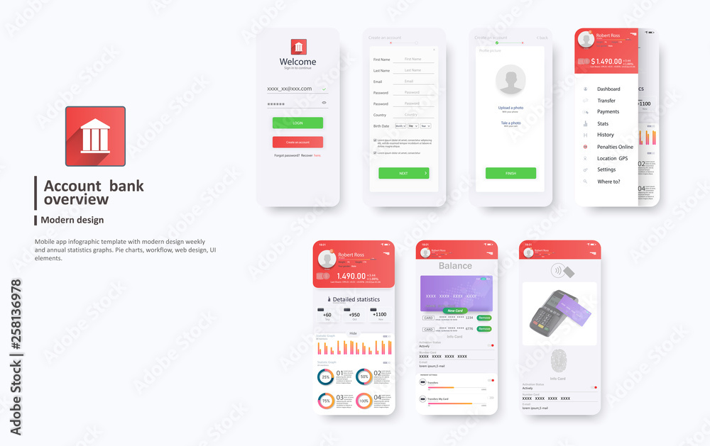 Aufkleber mobile banking interface vector template. online payment. . digital currency. online banking. credit