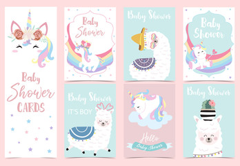Blue pink hand drawn cute card with llama, rainbow,unicorn.No drama llama © piixypeach