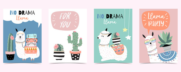 Fototapeta na wymiar Blue pink hand drawn cute card with llama,cactus,glasses,heart.no drama llama