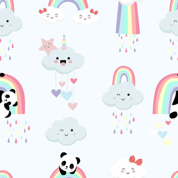 Colorful hand drawn seamless pattern with rainbow,heart,cloud,panda and rain