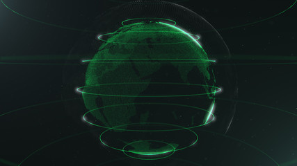 Futuristic sphere of dots. Globalization interface. Sense of science and technology abstract graphics. 3D rendering. Green loops around sphere. Color precision.