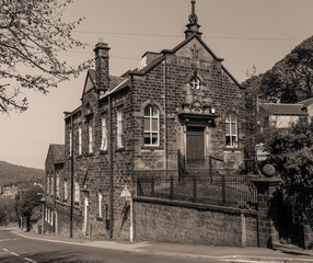 Monochrome image of a Wesleyan Chapel built on the crest of a hill