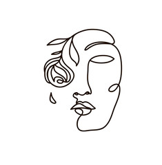 Continuous line, drawing of woman face with exotic flowers, fashion minimalist concept, vector illustration. 