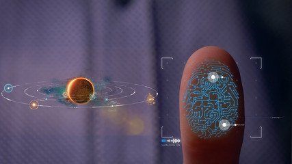 Person accessing a hologram with a fingerprint. Man, access to a modern hologram of a personal database with the discovery of fingerprint identification. Concept: Science, Car, Hologram, Viruses, DNA.