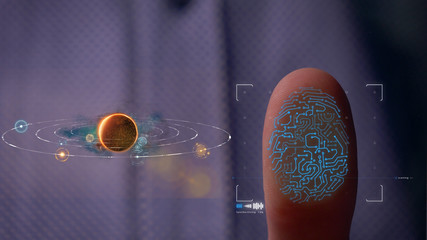 Person accessing a hologram with a fingerprint. Man, access to a modern hologram of a personal database with the discovery of fingerprint identification. Concept: Science, Car, Hologram, Viruses, DNA.